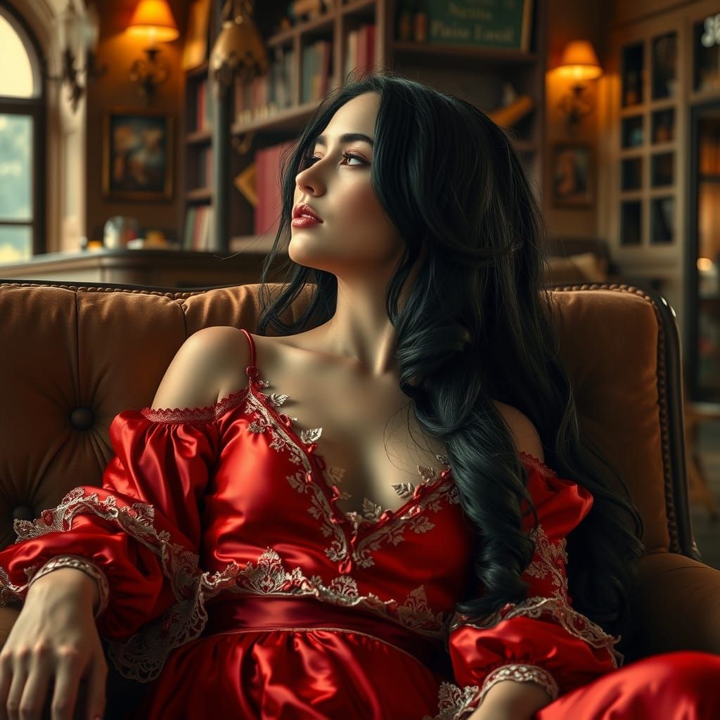 Dreaming Woman in Red Dress, Parisian Pub Scene