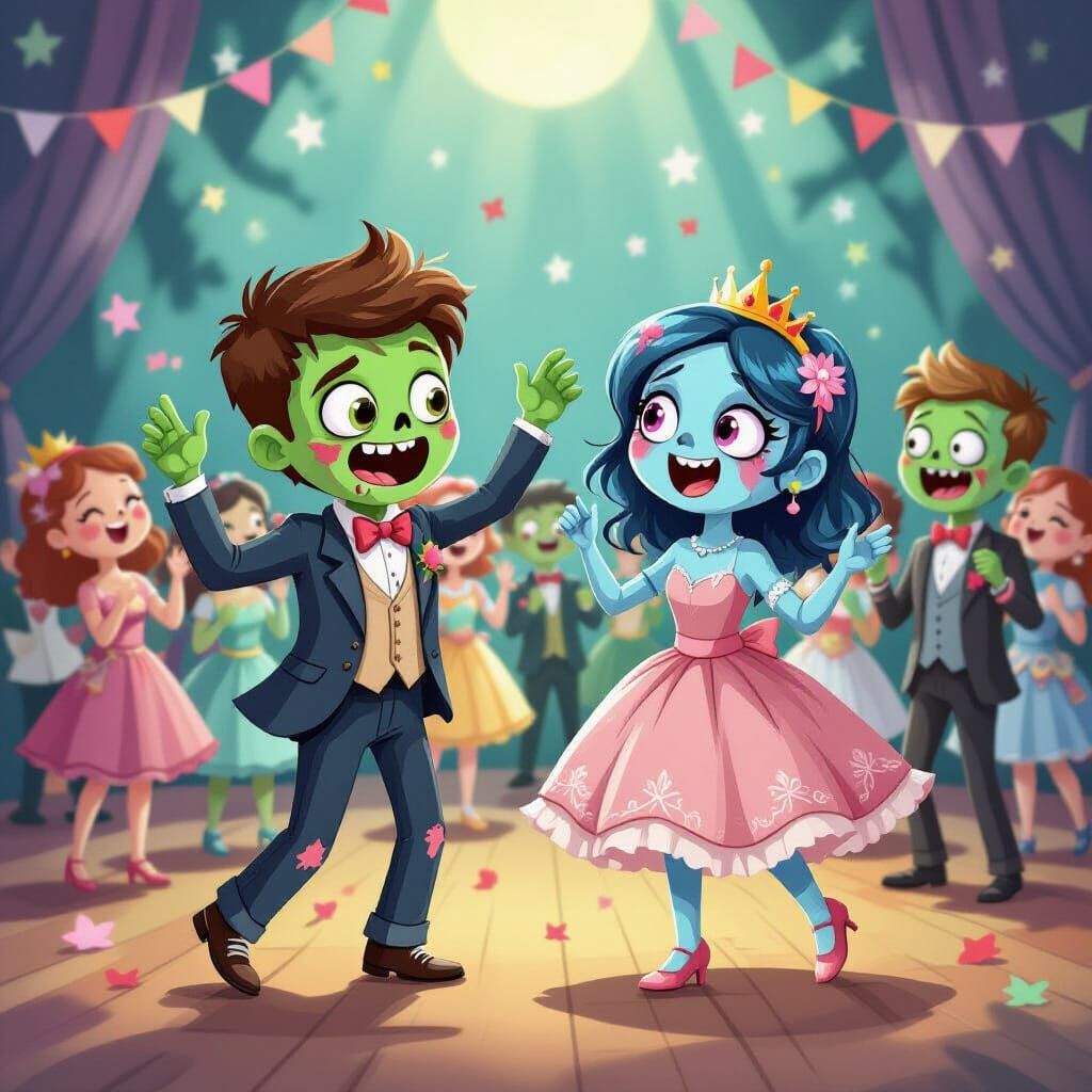 Happy Zombies Dancing at Prom in Storybook Style