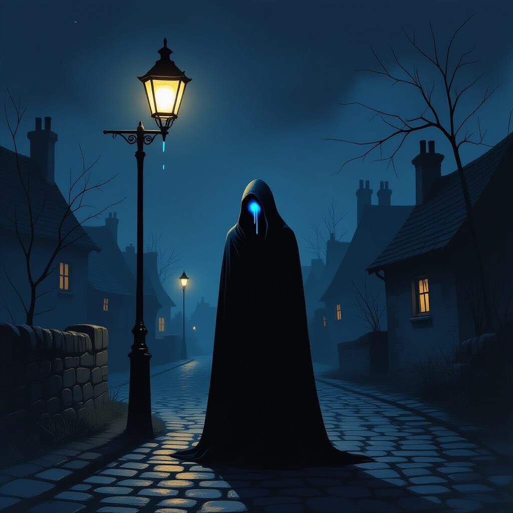 Shadowy Figure Crying Under Streetlight in Fantasy Art