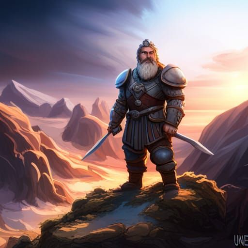 Armored Dwarf Warrior on Mountain, Fantasy Concept Art