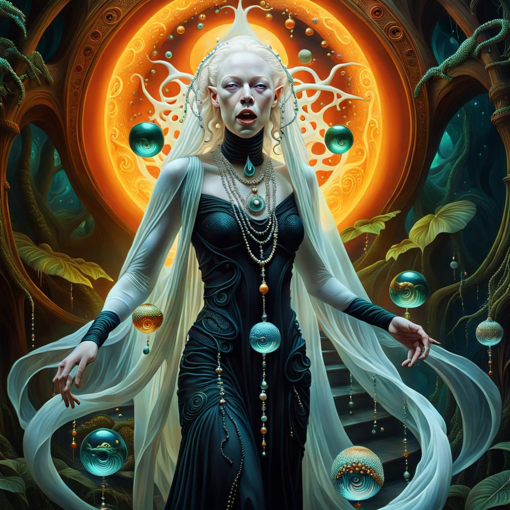 Surreal Albino Witch in Dreamland, Digital Oil Painting