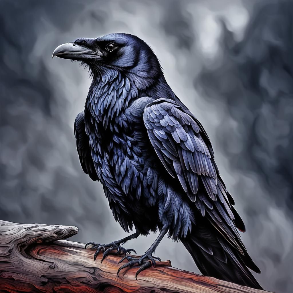 Intricate Ink and Colored Drawing of a Raven