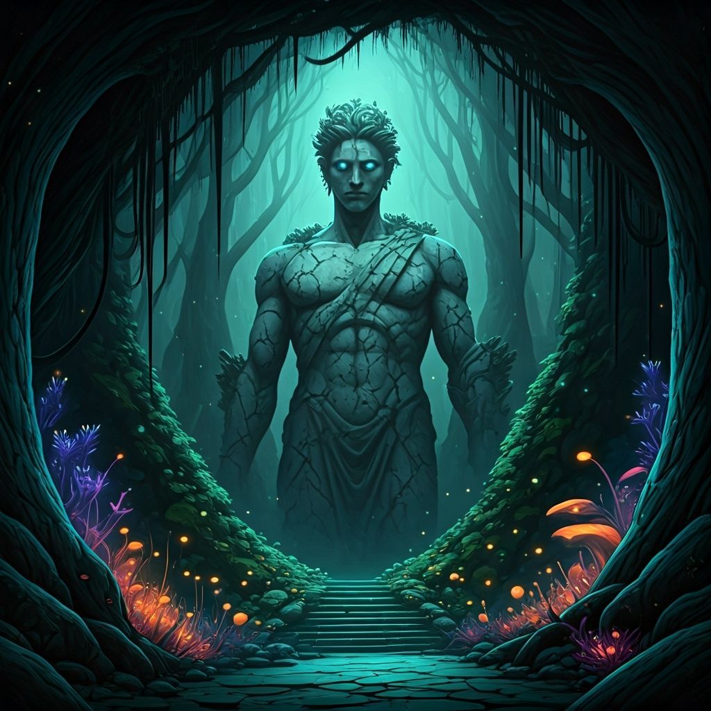 Colossal Animated Greek Statue Guarding a Hidden Grove