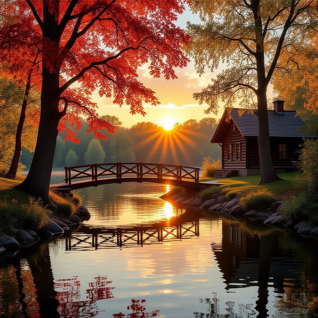 Serene Riverside Sunset with Cabin and Autumn Trees