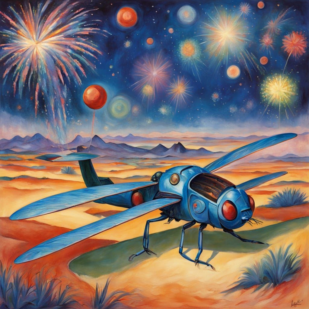 Franz Marc Dragonfly on Moebius Spaceship with Blue Firework...