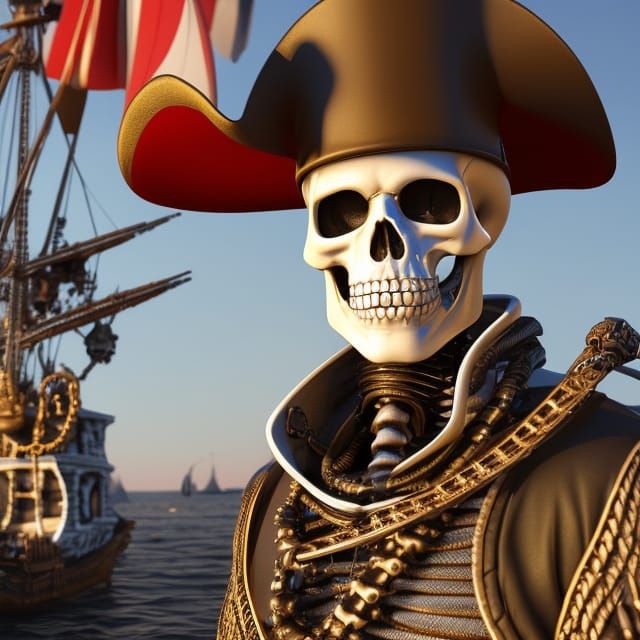 Pirate Skeleton Captain on Ship: Fantasy Art