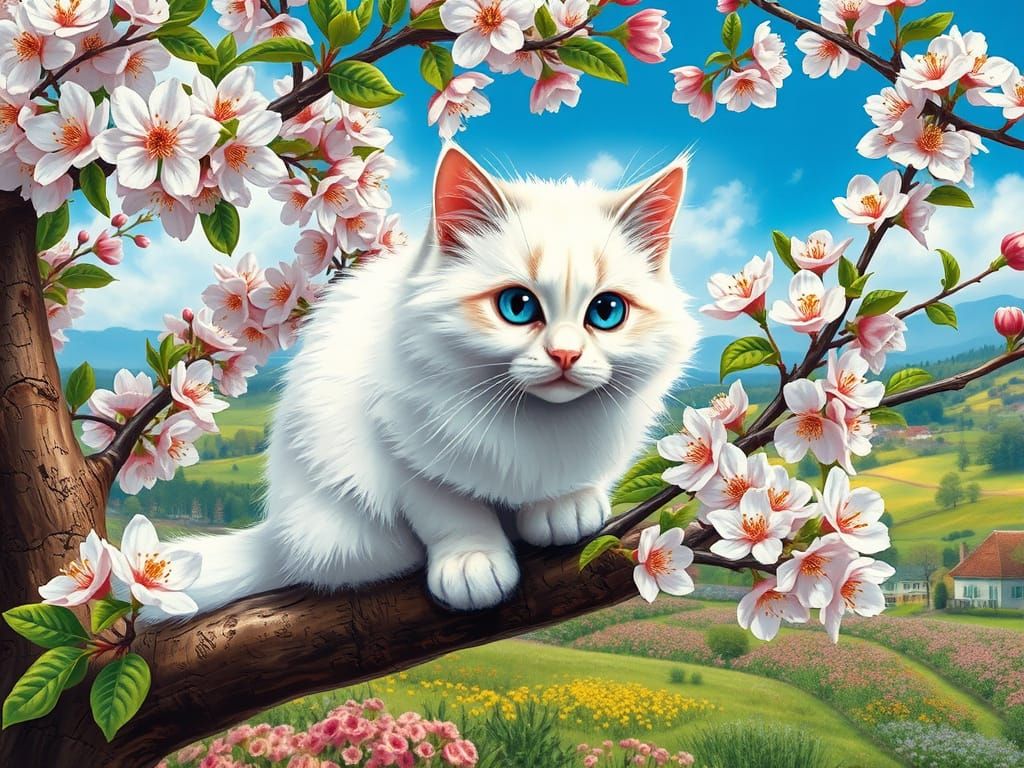 Vibrant Ragdoll Cat Amidst Apple Blossoms in Exquisite Garde...