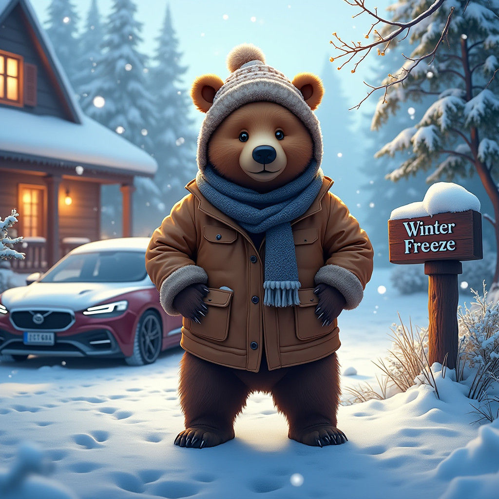 Bear in Winter Outfit in Snowy Scene