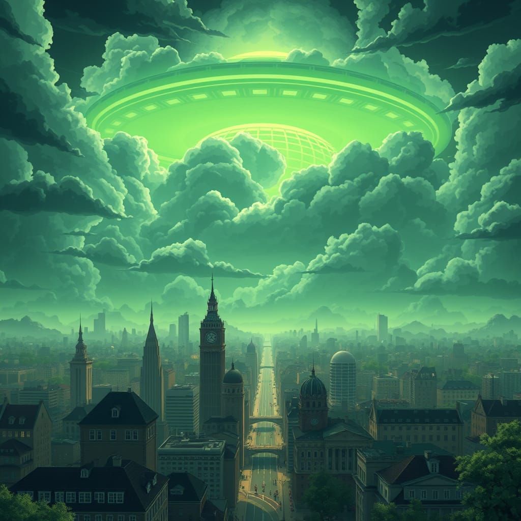 Baroque Cityscape Under Alien Invasion