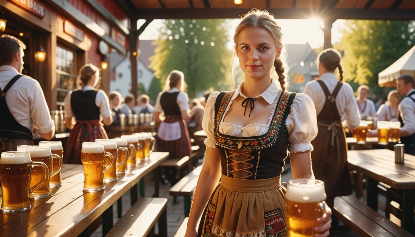 Oktoberfest Waitress in Bustling Munich Beer Garden