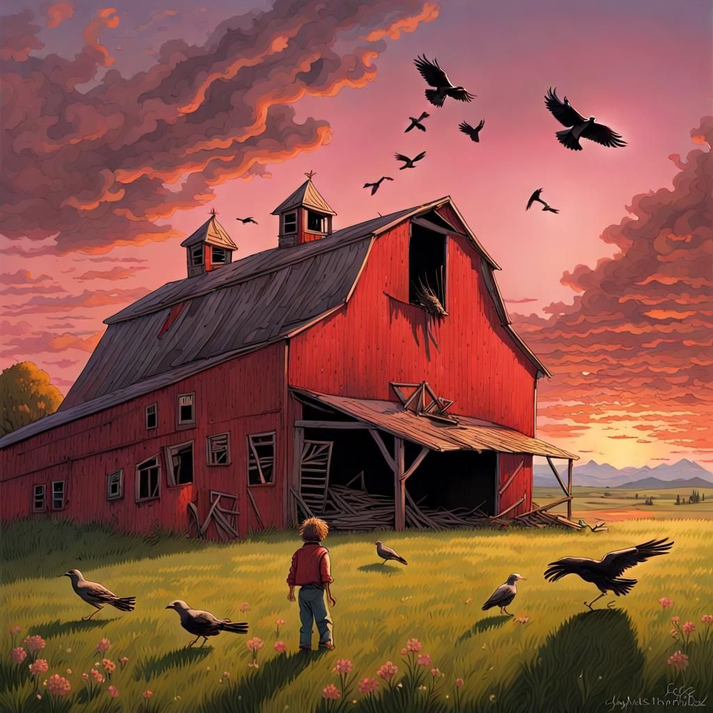 Abandoned Barn with Scarecrow in Anime Horror Style