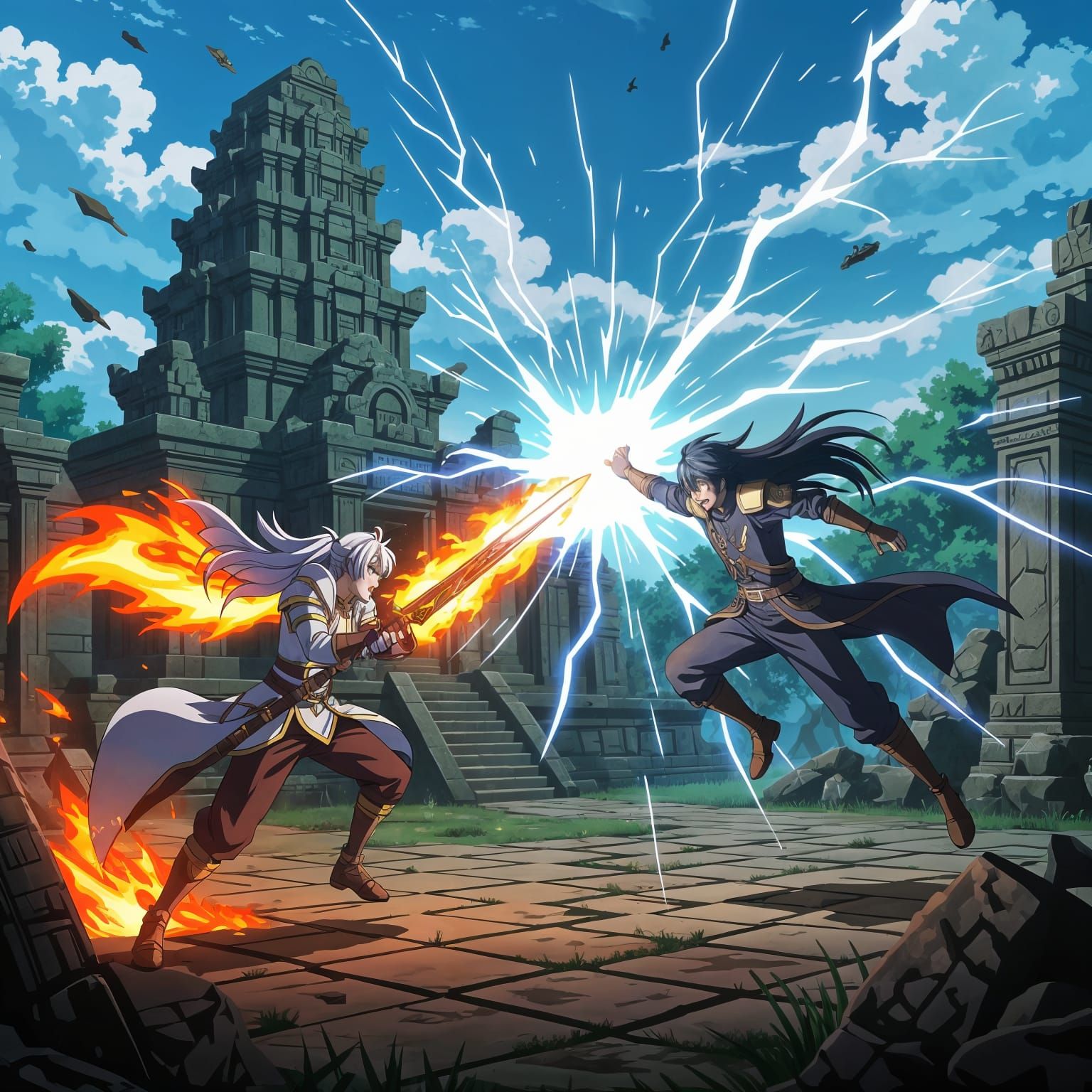Epic Anime Aerial Battle with Flaming Sword and Lightning