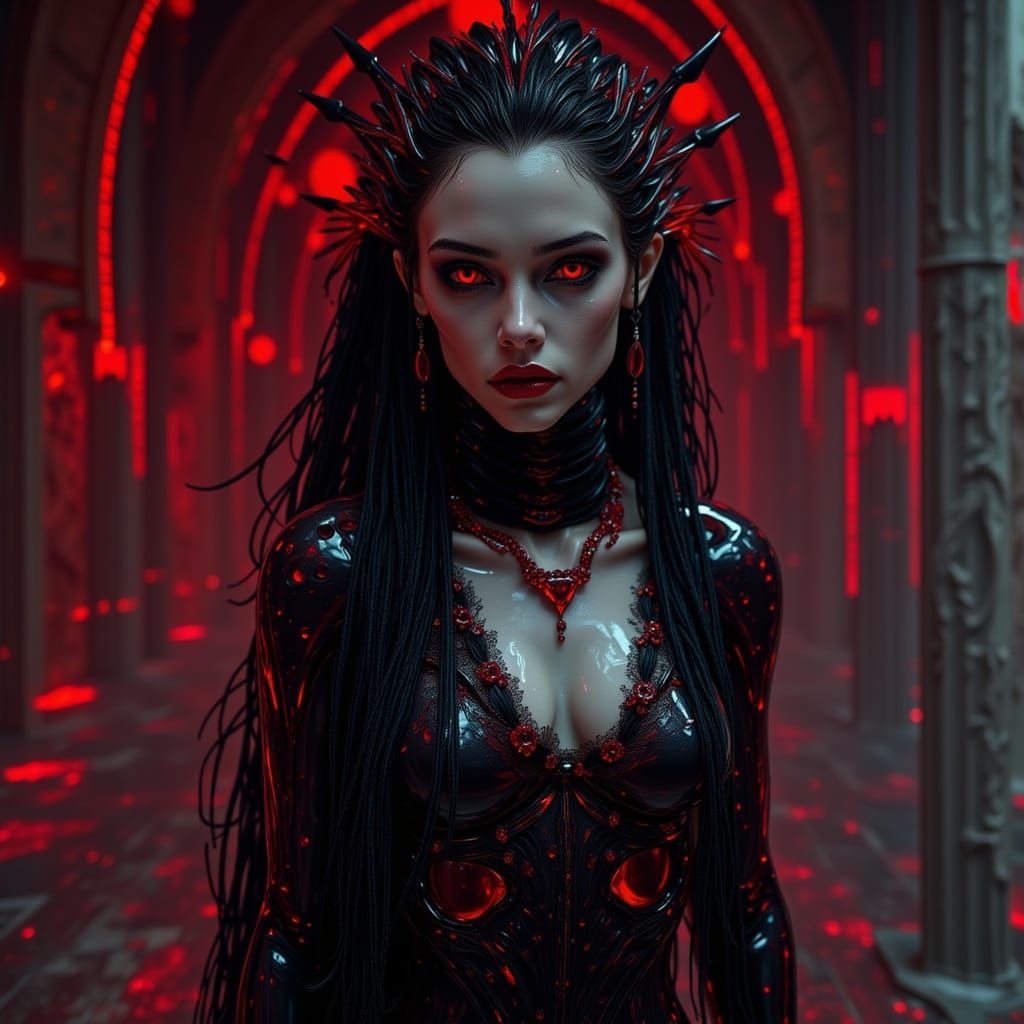 Regal Vampire Queen in Gothic Hall - Dark Fantasy Art