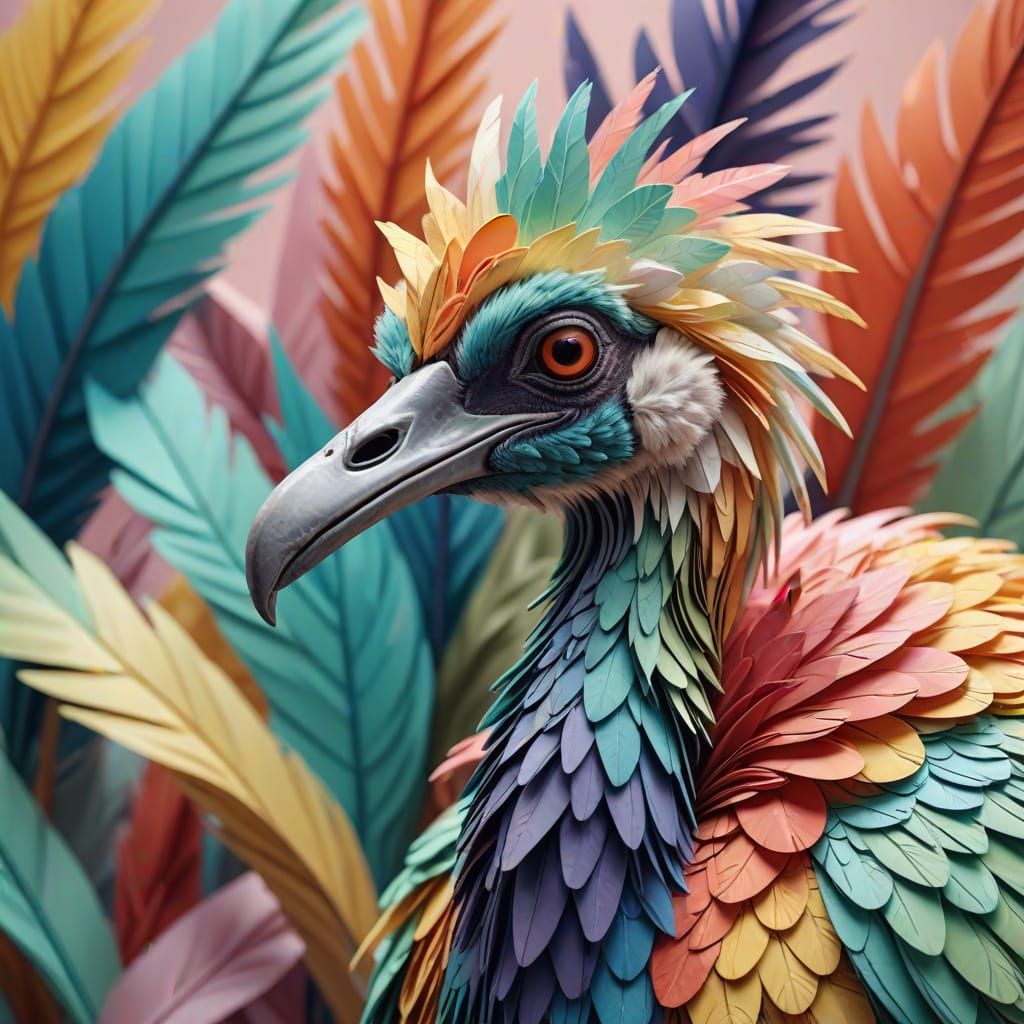 Moa Bird with Colorful Plumage in Origami Style