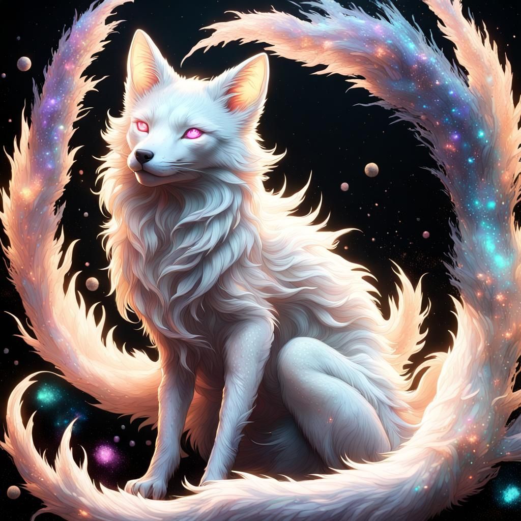 Ethereal Iridescent Albino Kitsune in Cosmic Dust