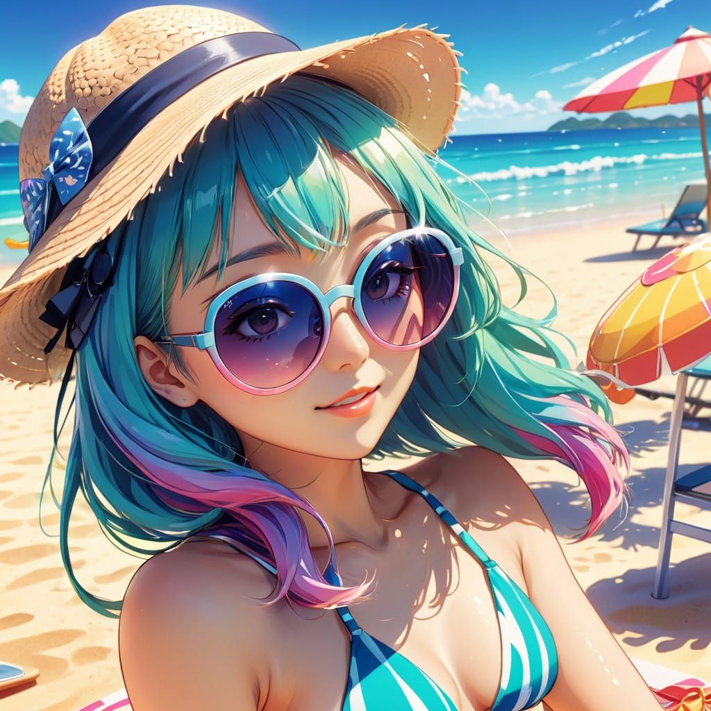 Anime Girl on Sunny Beach in Digital Art