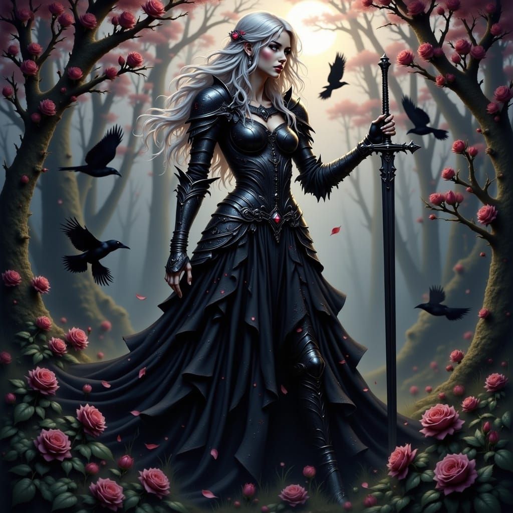 Rose Knight in Enchanted Forest, Digital Art