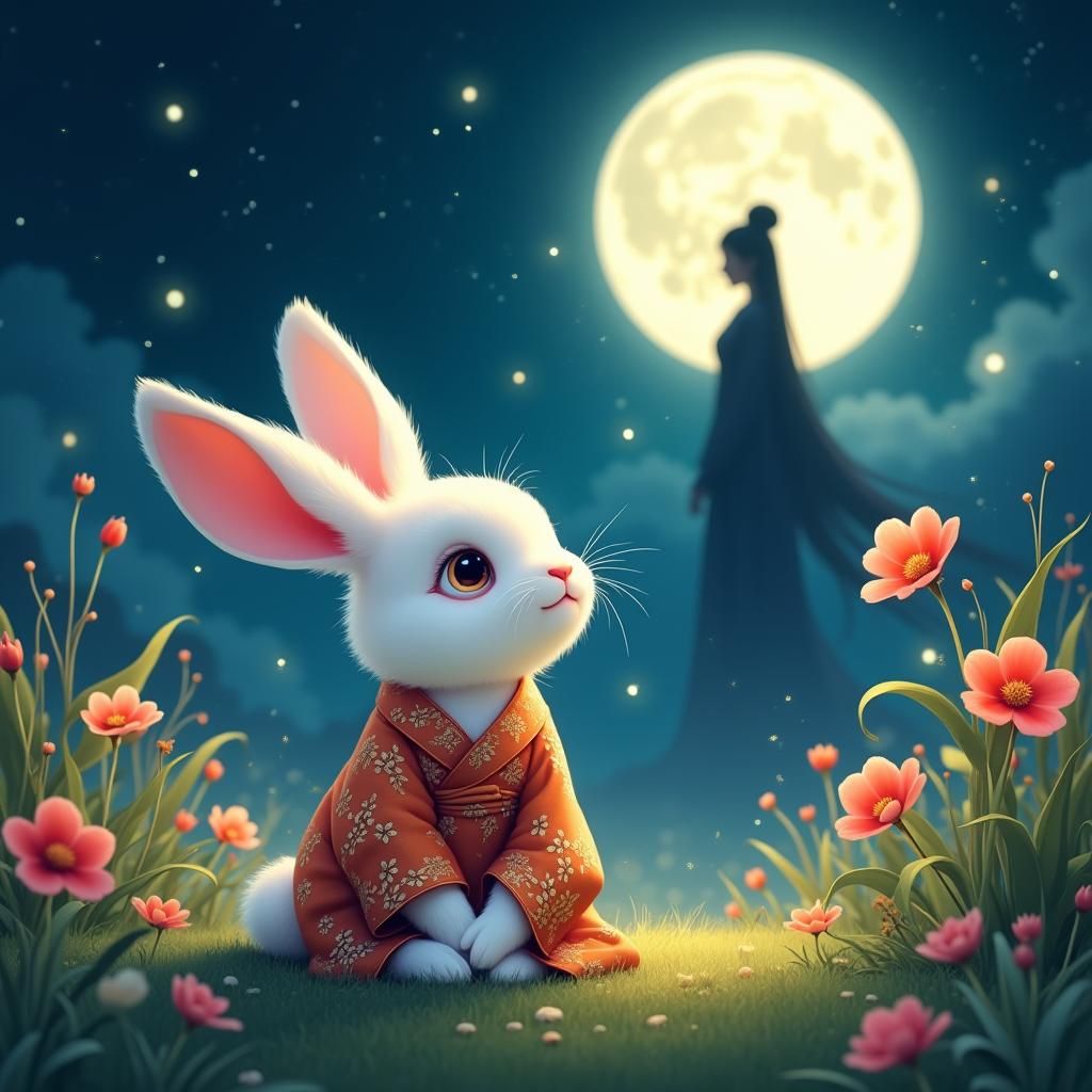 Rabbit Gazing at Moon in Disney Miyazaki Style