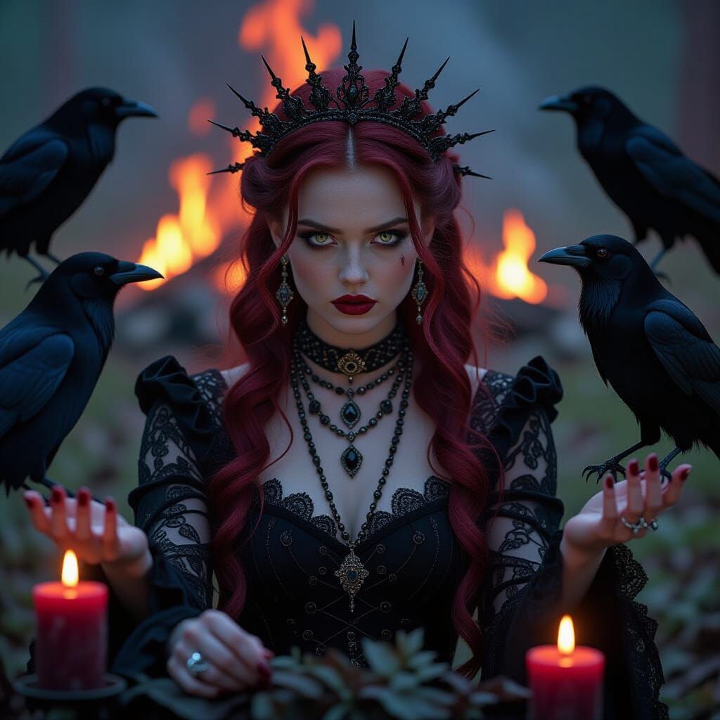 Cinematic Witch Portrait with Crows and Wildfire