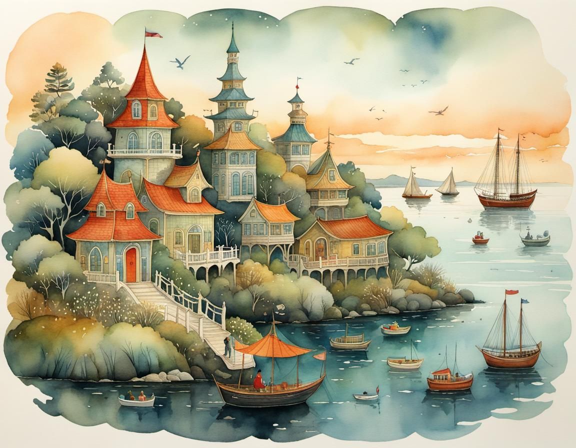 Whimsical Bay Illustration in Ink and Watercolor