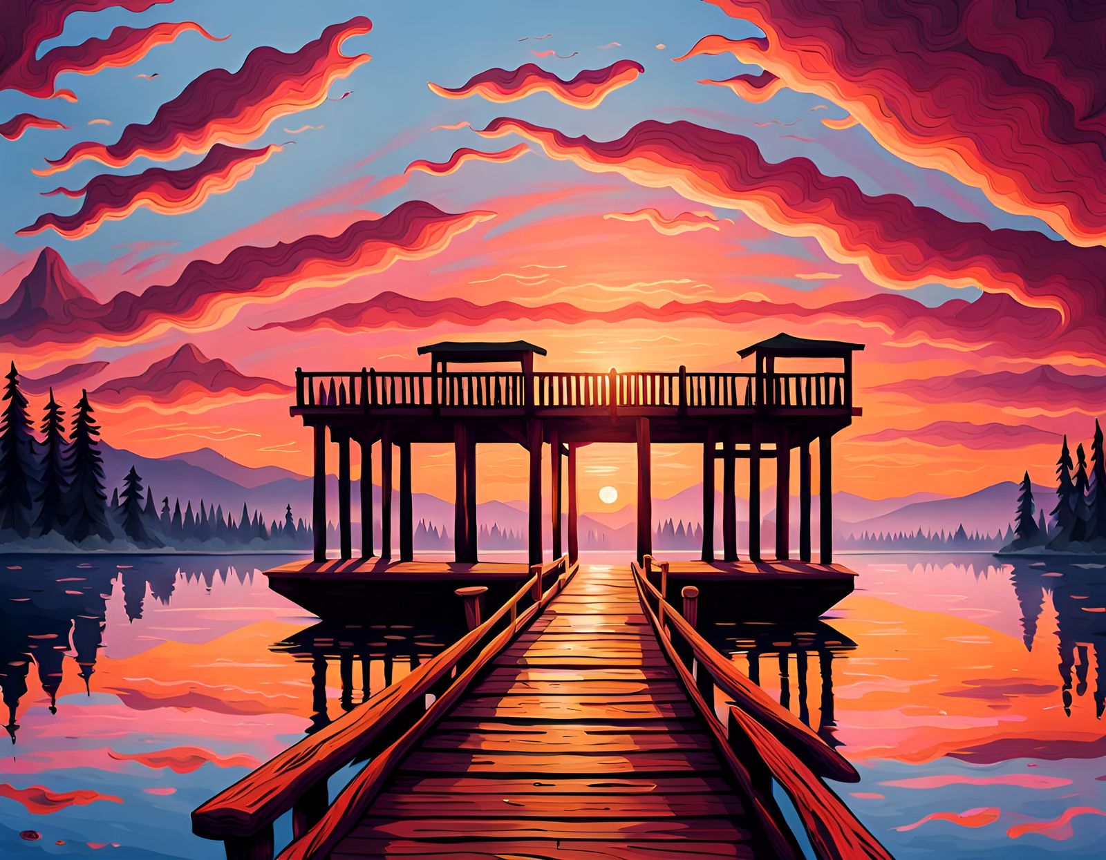 Picturesque Sunrise Over Lake With Wooden Pier