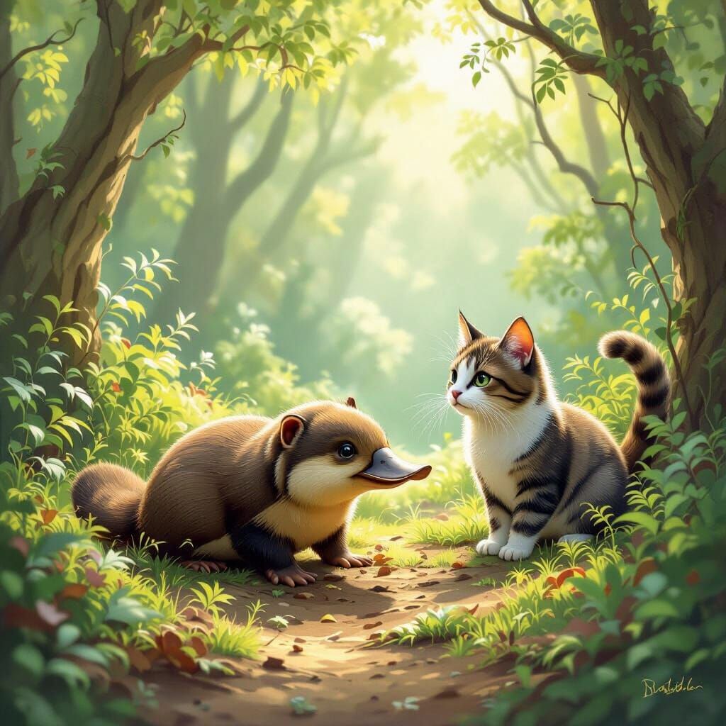 Whimsical Platypus-Cat Hybrid Explores Enchanted Forest