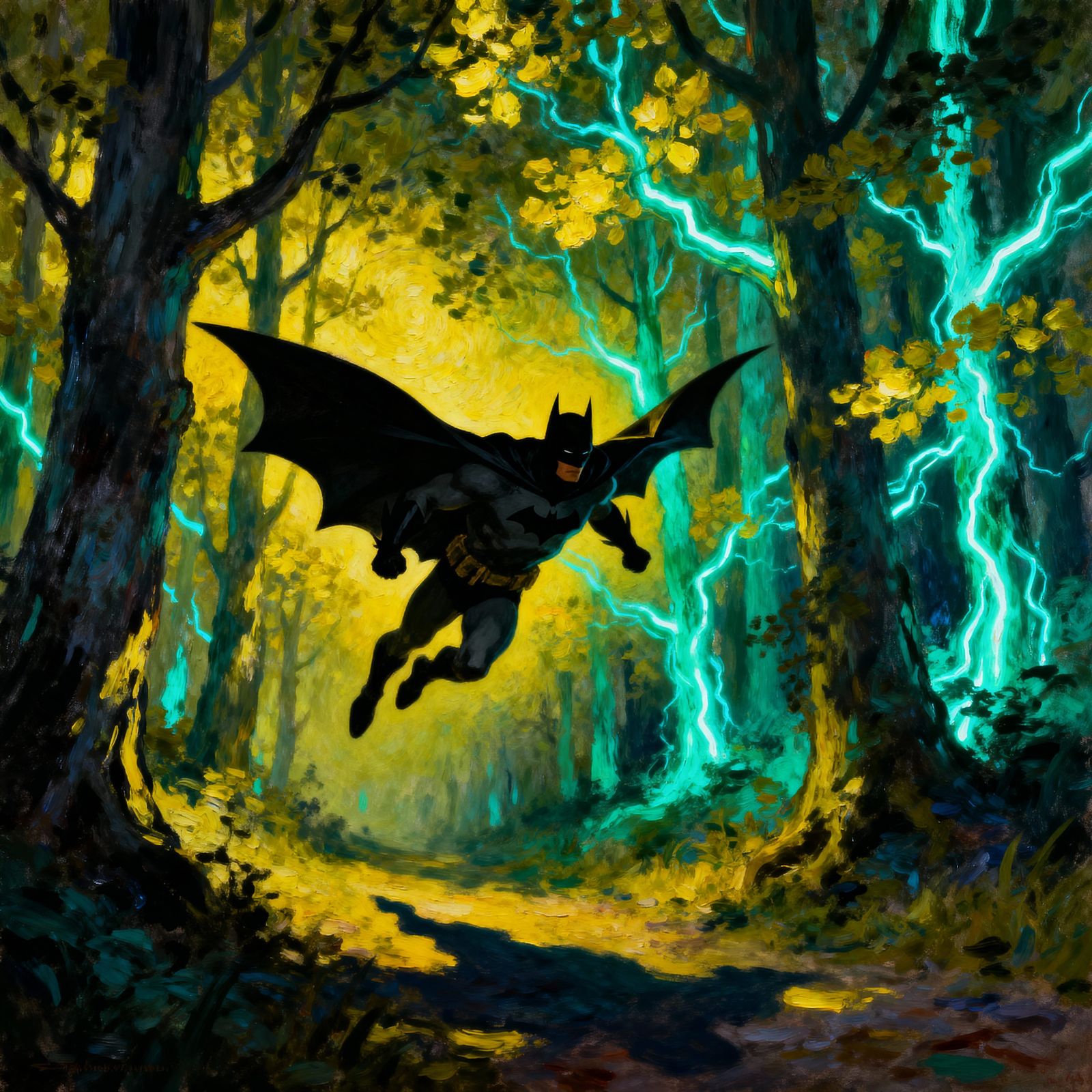 Batman Soars Through Neon Mystical Forest Oil Painting