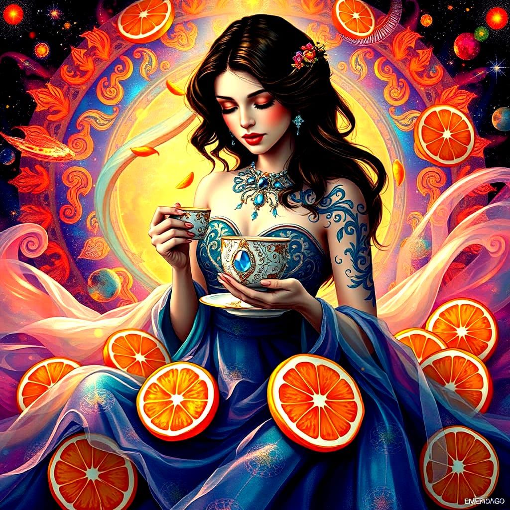 Cosmic Morning: Woman with Coffee, Astral Illustration