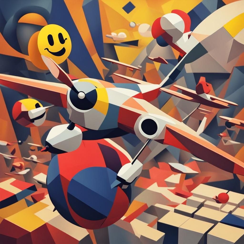 Cubist Planes Drop Bombs in Geometric Art Deco Style