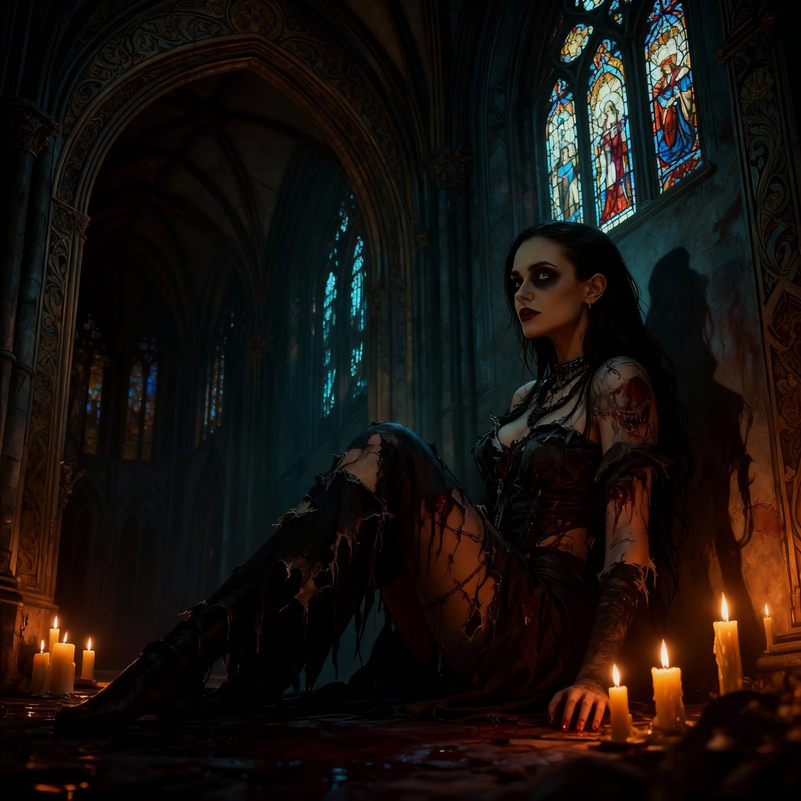 Gothic Cathedral Scene with Goth Girl and Candlelight