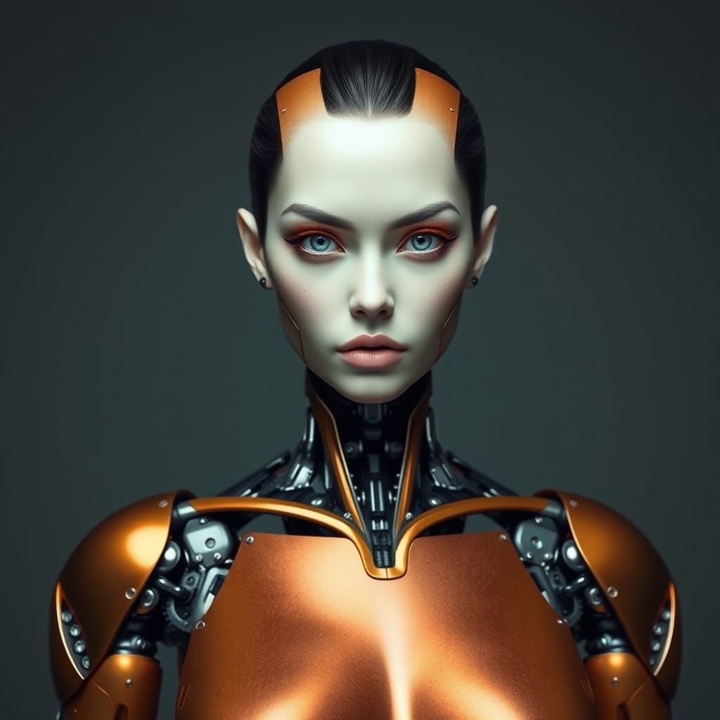 Stoic Robot Woman with Iridescent Body