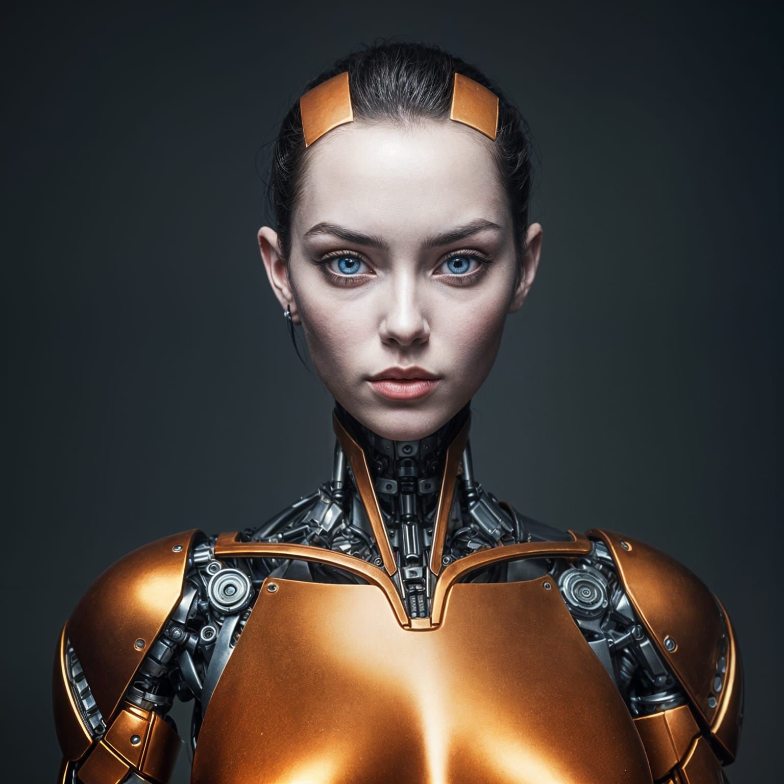 Beautiful Stoic Robot Woman with Iridescent Mechanical Body