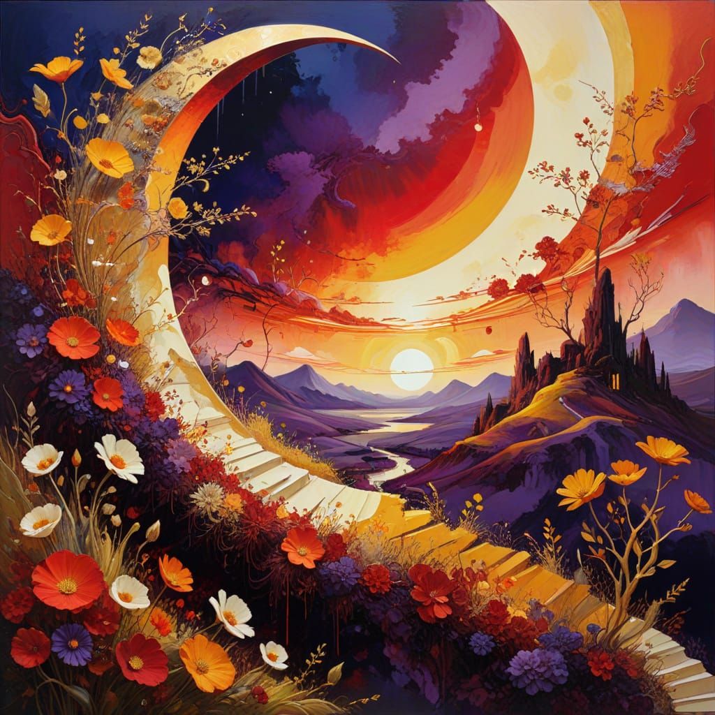 Dreamlike Half Moon Scene in Vibrant, Golden Hues
