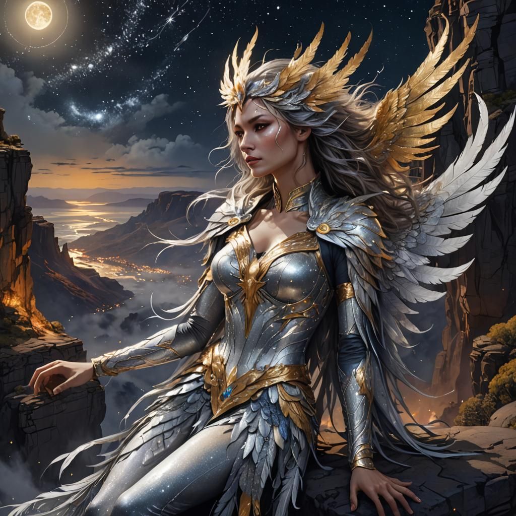 Glitter Phoenix Woman Hybrid Watercolor Art