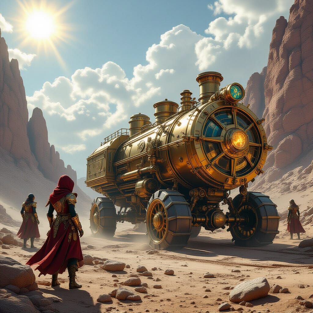 Steampunk Engineer Crew Operating Brass Gears Under Sunlight