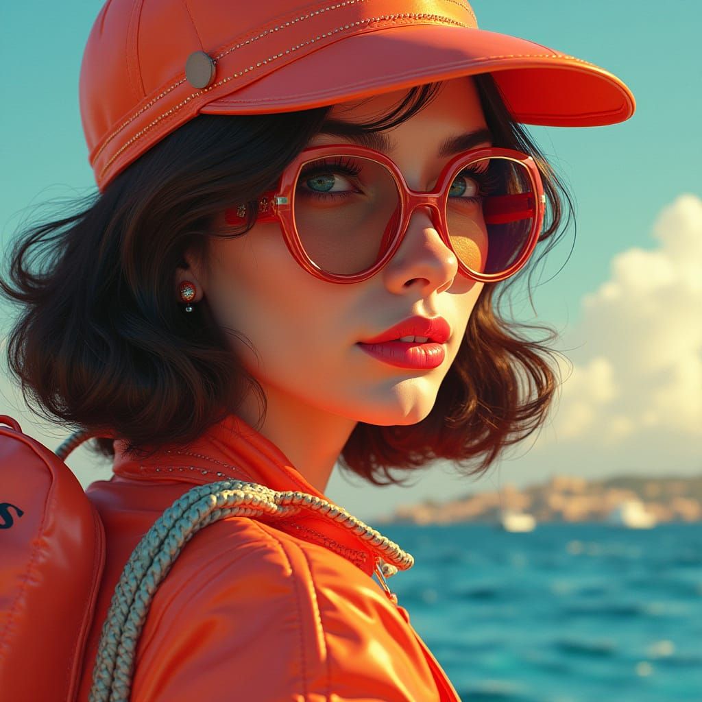 Uma mulher de beleza impressionante, com olhos azuis penetrantes e um olhar enigmático, usa um chapéu sofisticado adorna...