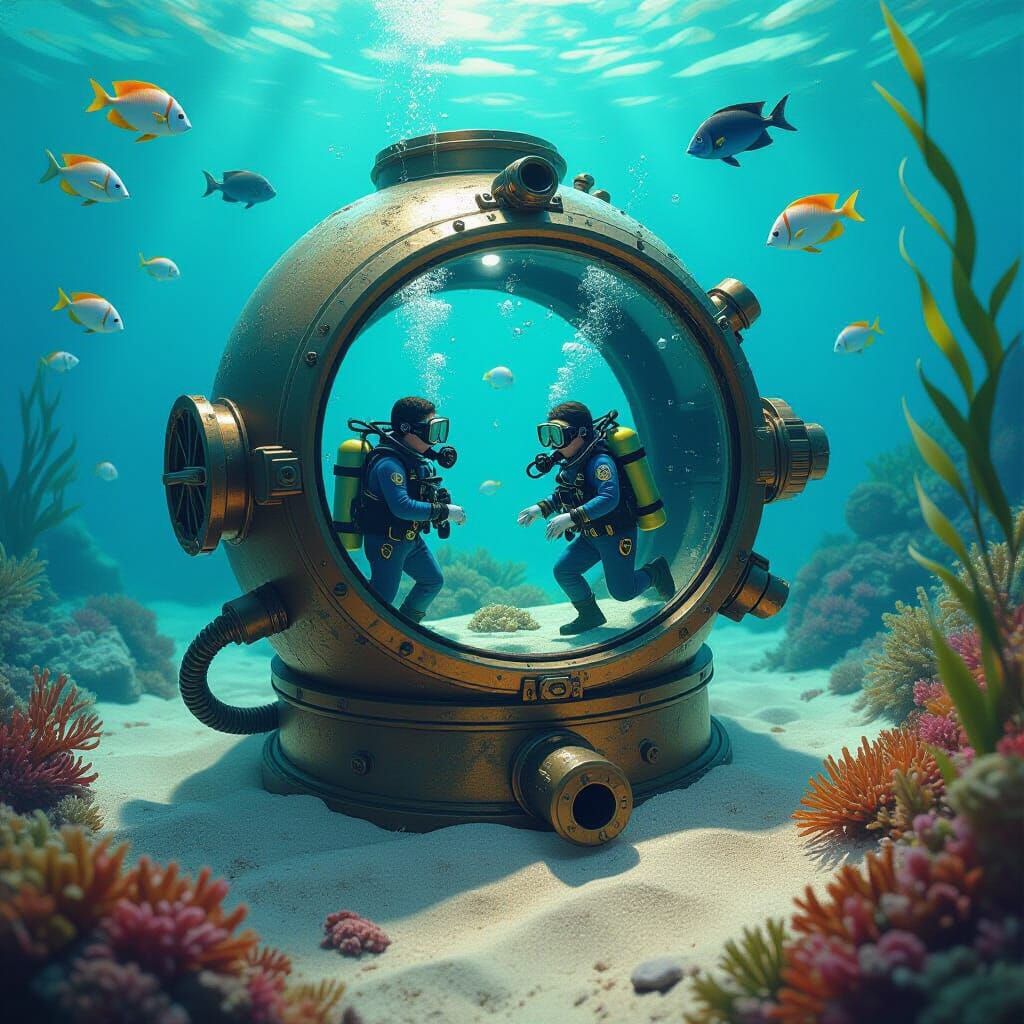 Miniature Divers Explore Coral Reef in Diving Helmet