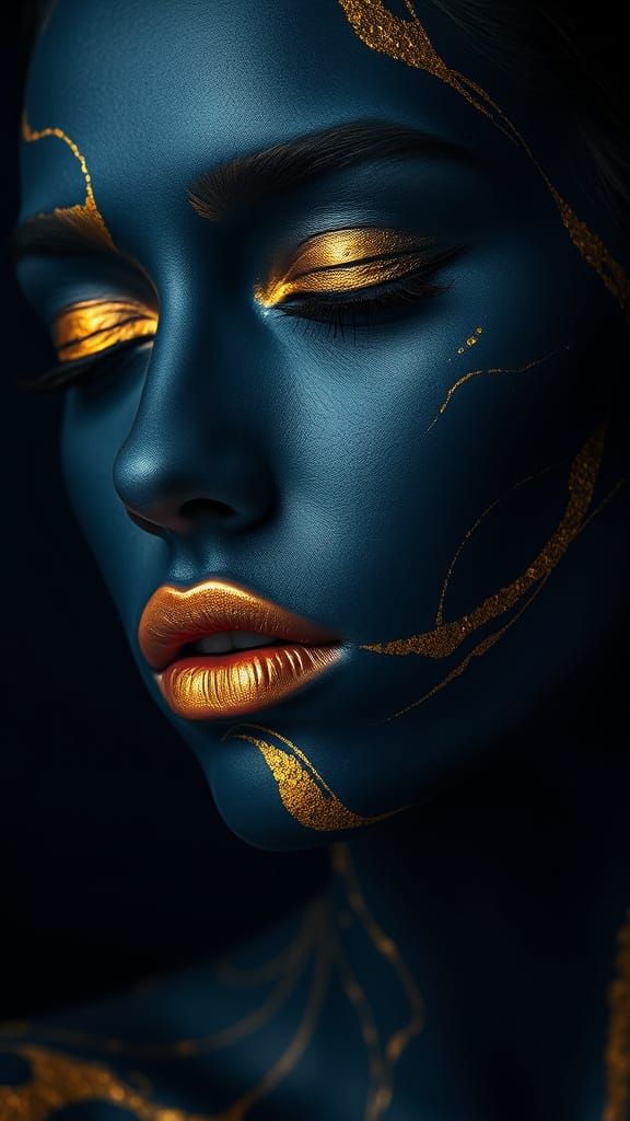 Surreal Portrait in Metallic Gold and Navy Blue Body Paint