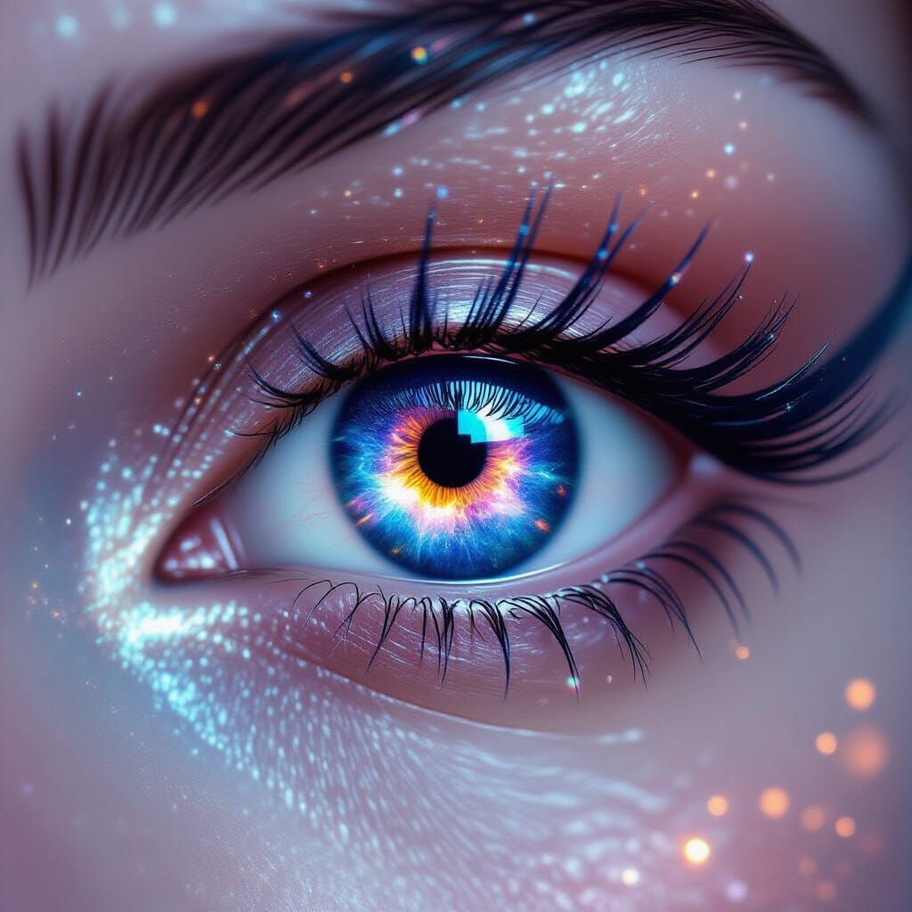 Close-up shot. A single, mesmerizing eye stares intensely, reflecting a swirling galaxy within its depths. Macro photogr...