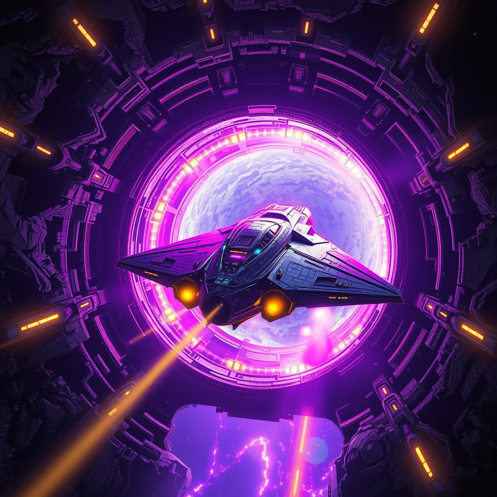 Spaceship Travels Through Stargate in Dark Fantasy Style