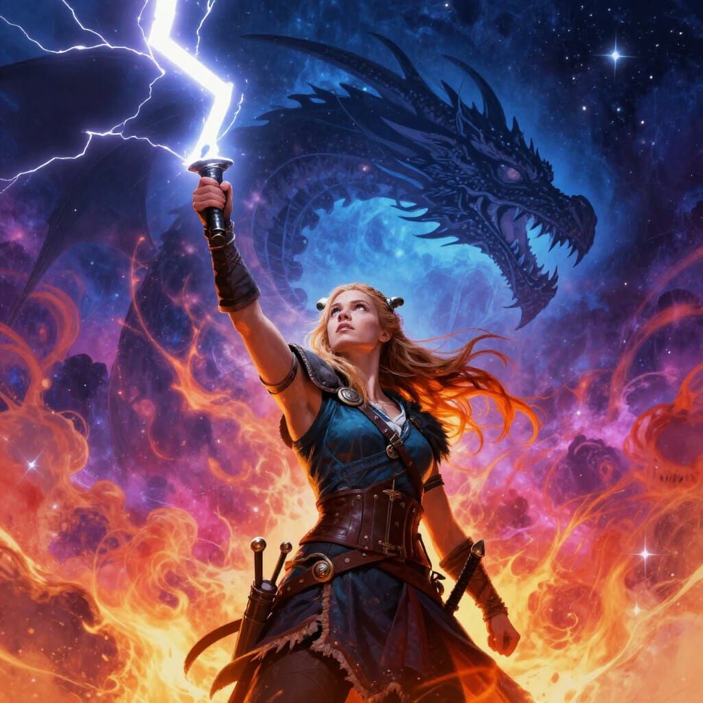 Viking Warrior Facing Dragon Under Cosmic Lightning
