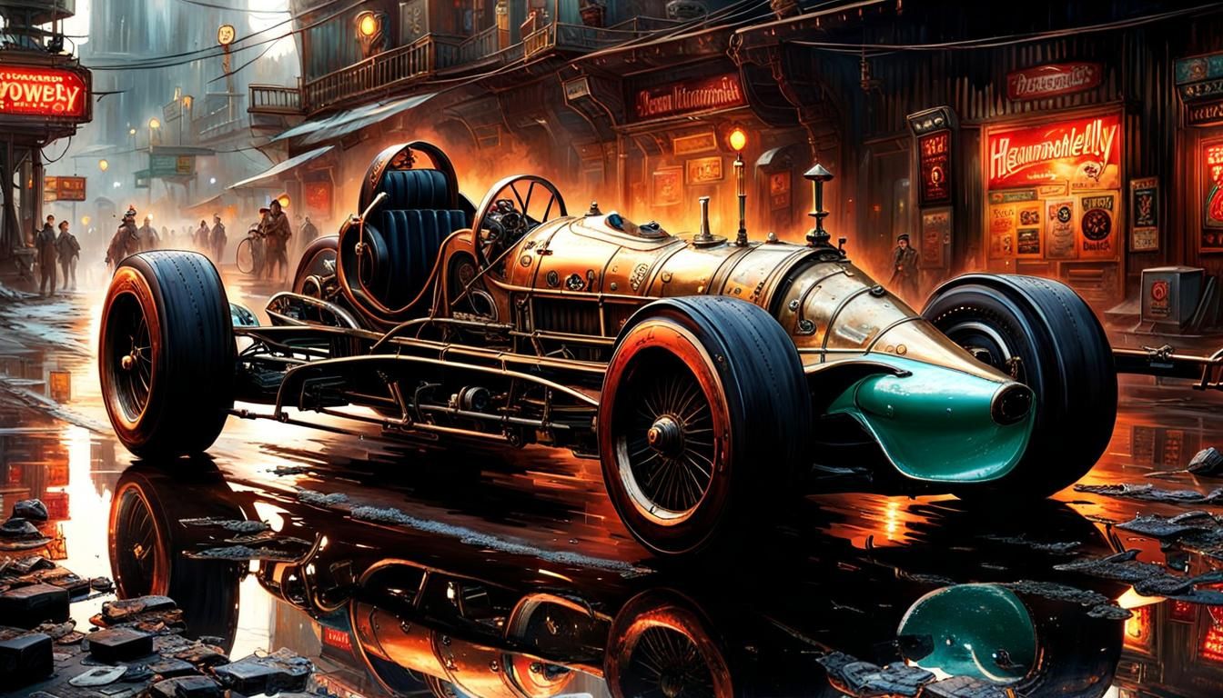 Steampunk Formula 1 Racecar in Post-Apocalyptic City