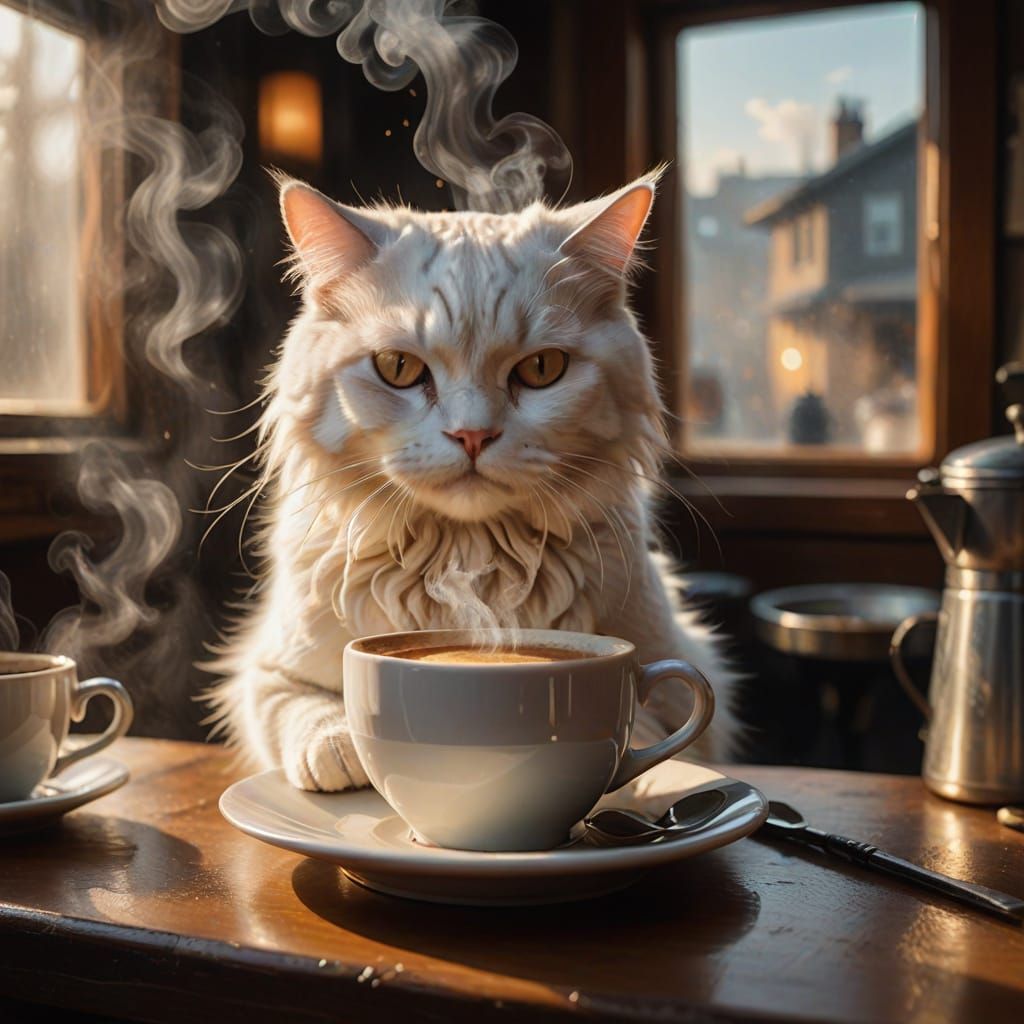 Scowling Feline Masterpiece: Morning Coffee Scene