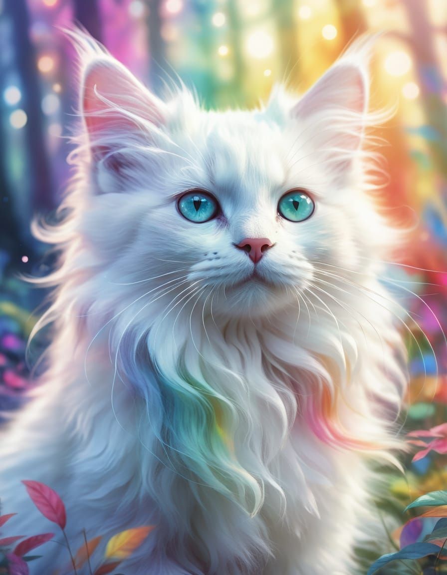 Rainbow Forest Adventure: White Kitten in Watercolor