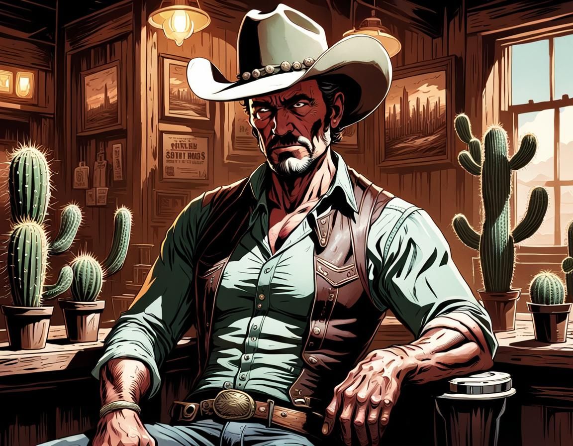 Cactus Cowboy in Saloon, Comic Book Art