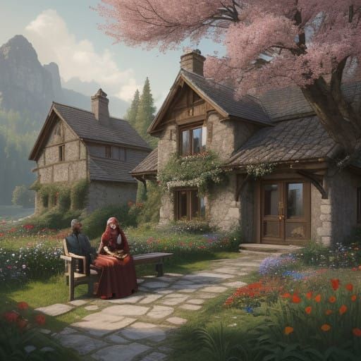 Elegant Lady Surrounded by Vibrant Blooms in a Quaint Countr...