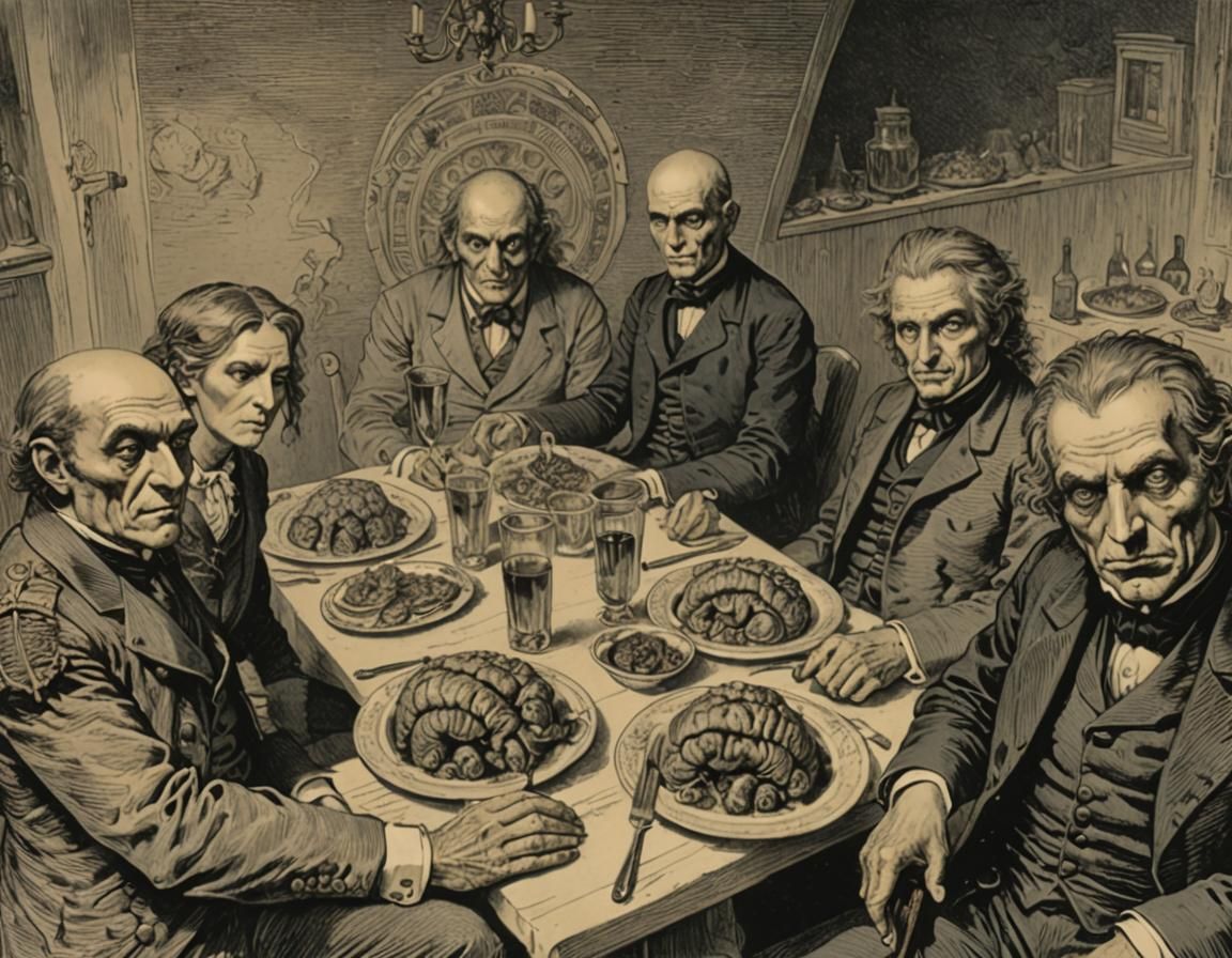 Disturbing Feast: People Eat Brains in Horror Art Style
