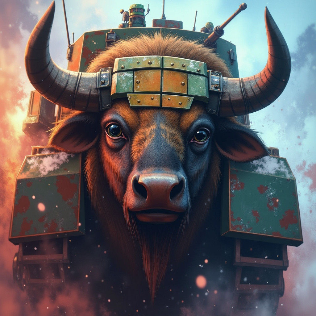 Buffalo and Tank Fusion: Hyper-Realistic Splash Art
