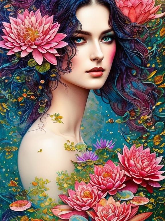 Hyperrealistic Portrait of Woman with Water Lilies