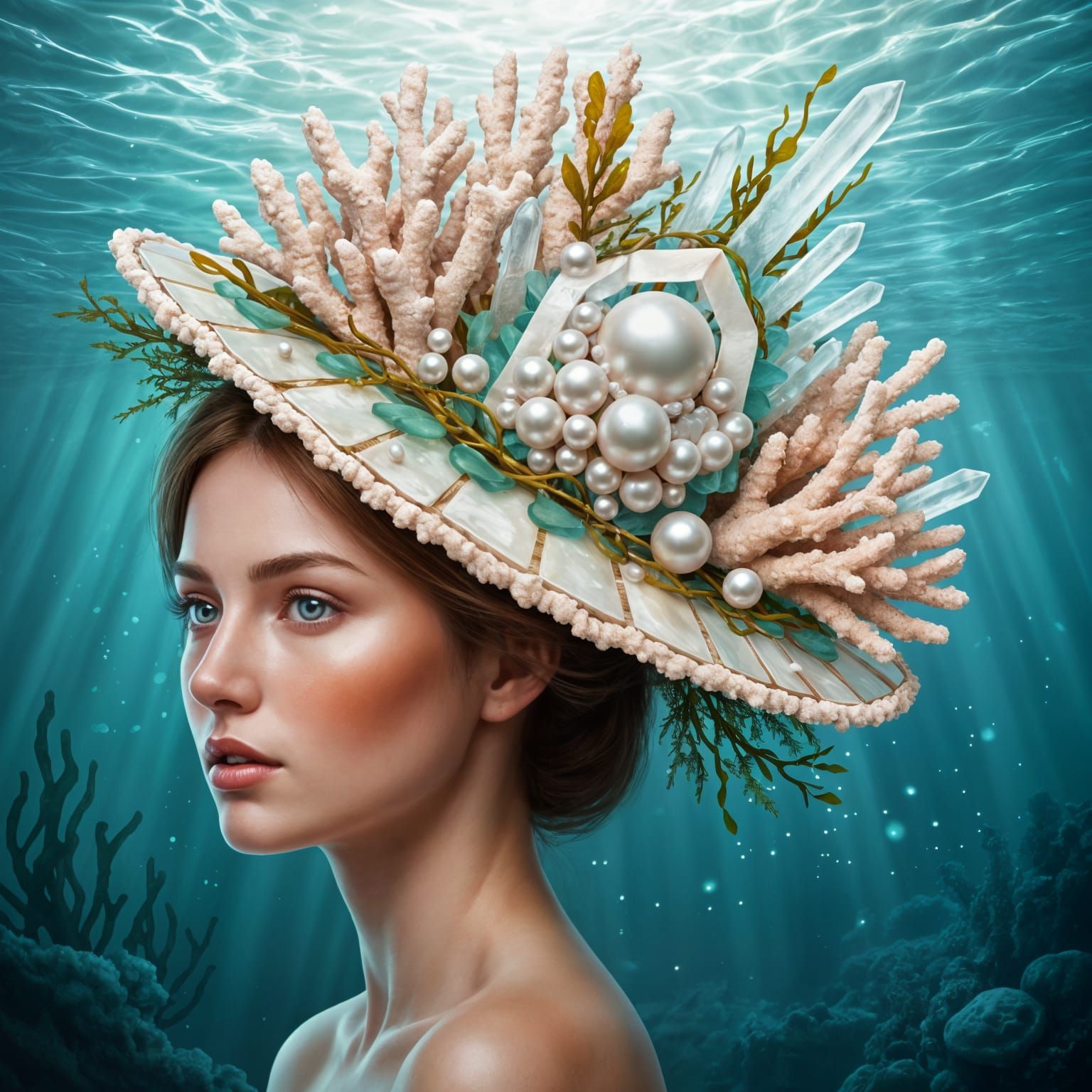Woman in Living Coral and Pearl Hat